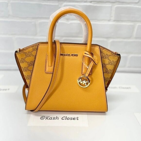 Michael Kors Satchel Avril Small Crossbody Bag MK Signature Honeycomb Yellow - Picture 1 of 11